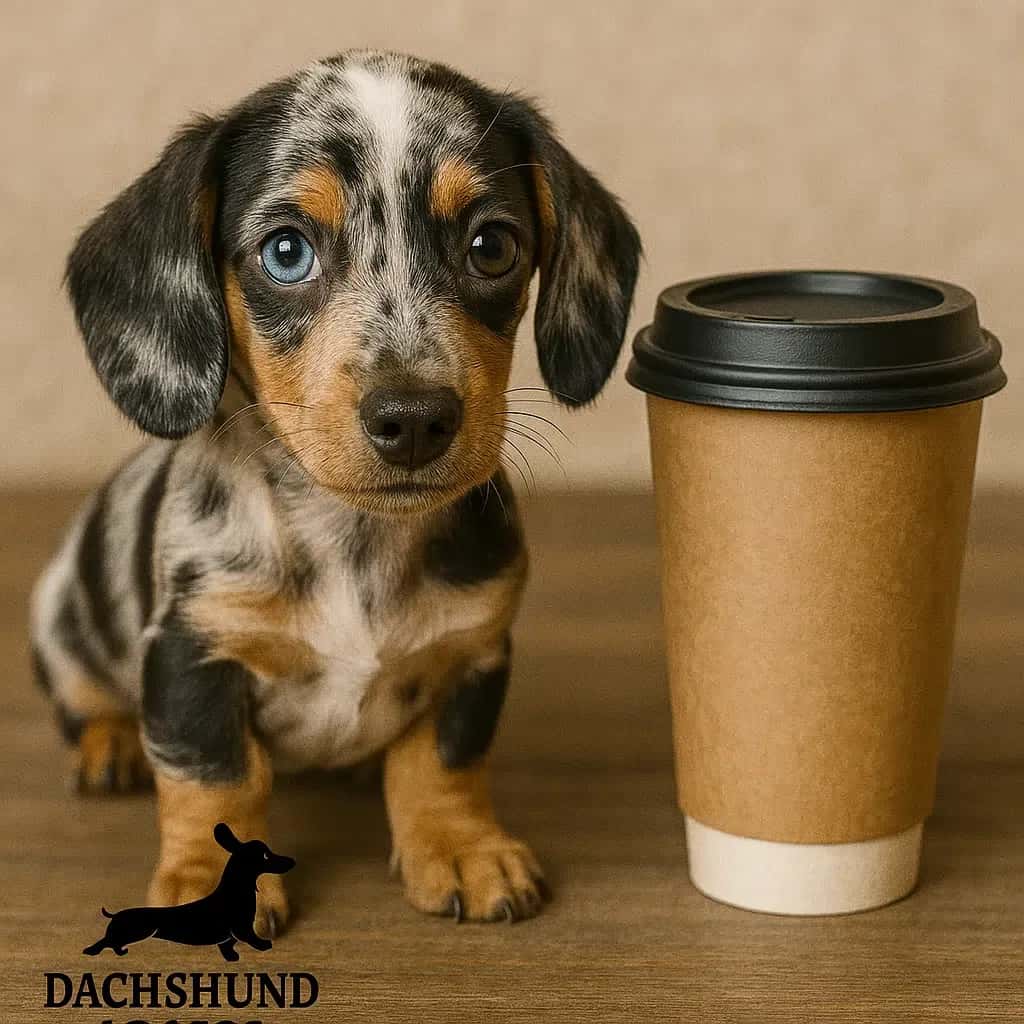 A double dapple Dachshund puppy with blue eyes sits beside a brown coffee cup