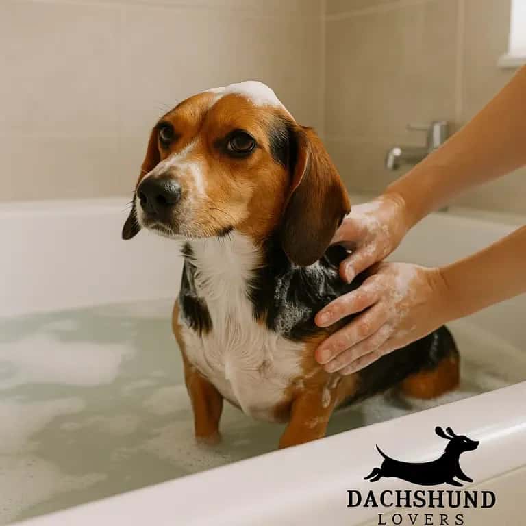 A tricolor Beagle-Dachshund mix being bathed bathroom, sitting in a white bathtub with soapy water
