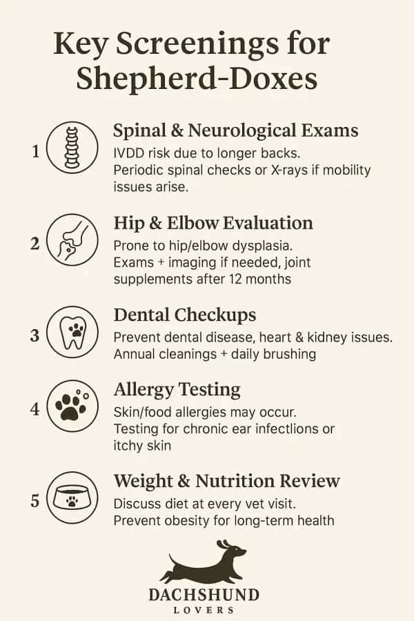 Infographic Key Screenings for Shepherd-Doxes. Lists spinal exams, hip evaluations