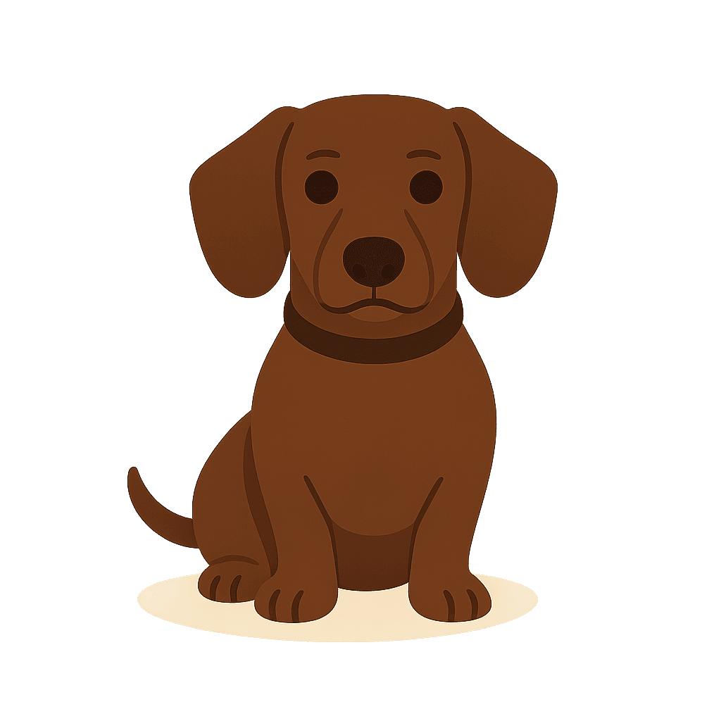 Chocolate brown cartoon dachshund sitting.