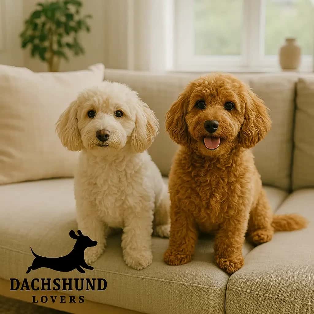 Two fluffy dogs, one white and one brown, sit side by side on a beige sofa. 