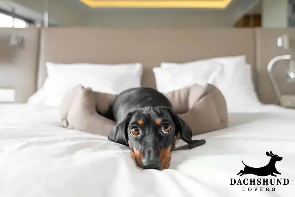 A dachshund lies on a white bed, resting its head on a brown pillow. The room looks cozy