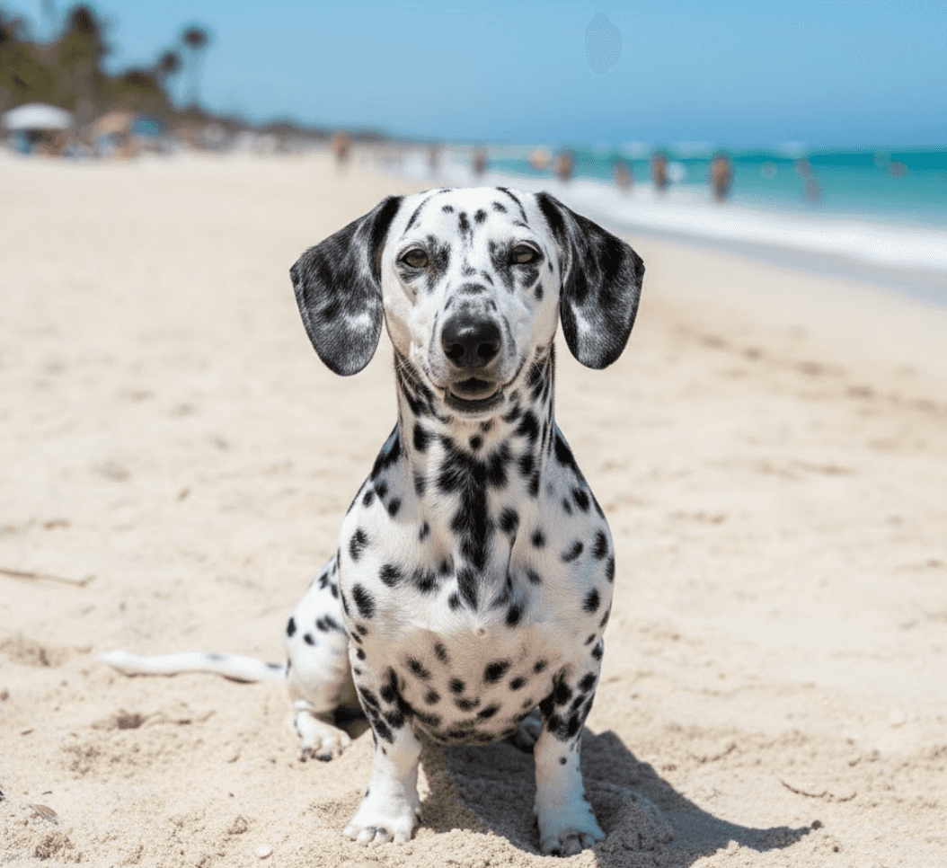 Dalmatian–Dachshund mix sitting on a sandy beach, with a black-and-white spotted coat