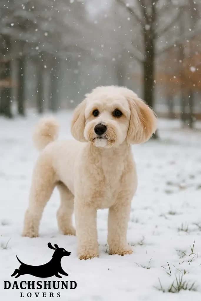 A fluffy, cream-colored dog stands alert on a snowy ground with falling snowflakes