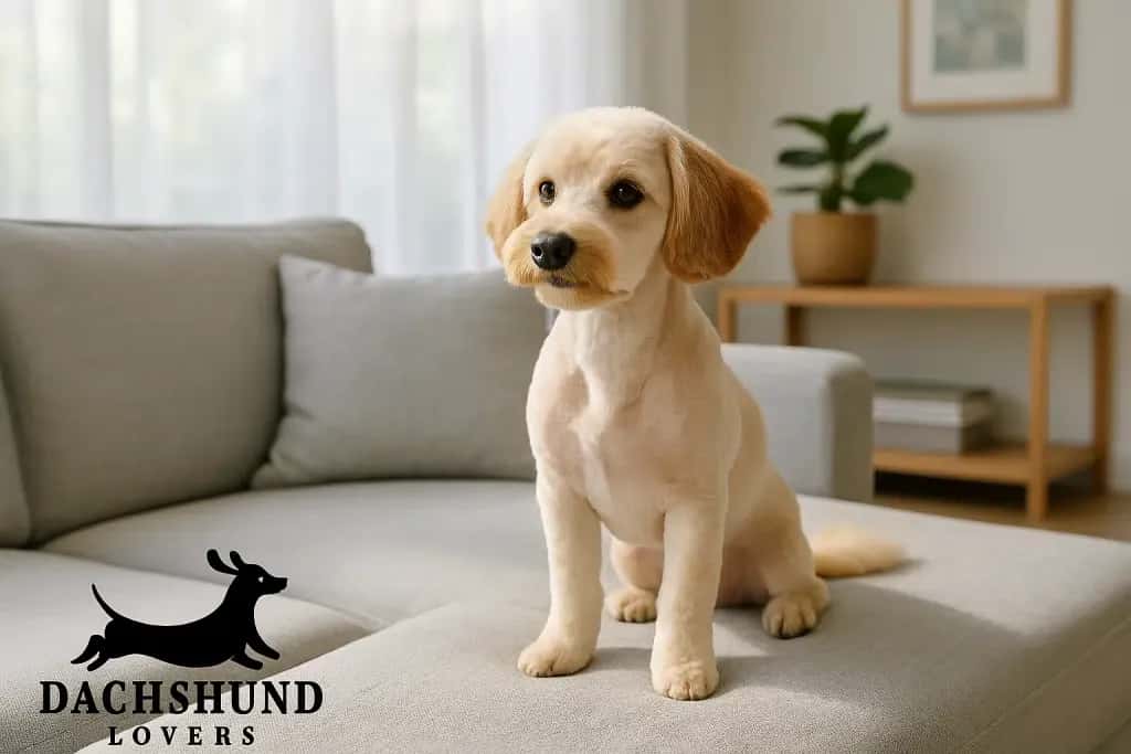 A Dachshund puppy with a fluffy tan coat sits on a light gray couch. The room is bright 