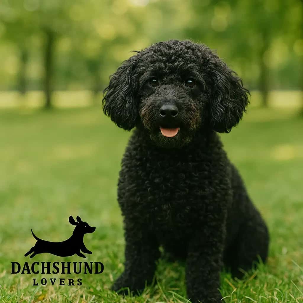 A curly-haired black dog sits on grass in a park, looking cheerful with its tongue out
