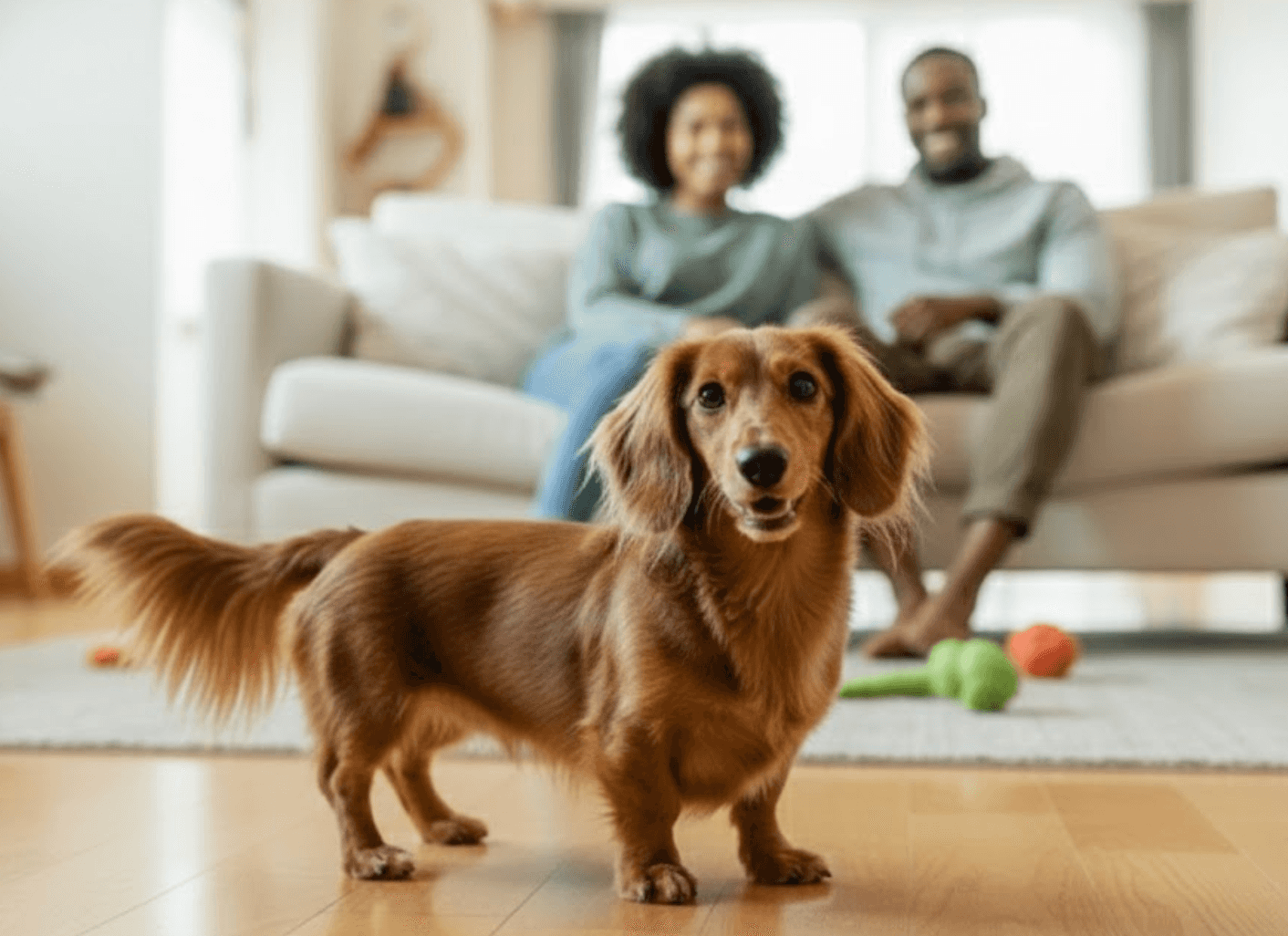 Dachshund standing indoors with a couple relaxing on a sofa in the background