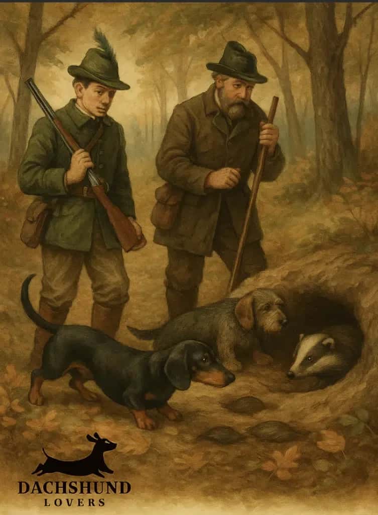 Two hunters in German hunting attire observe dachshunds near a badger's den in a fall forest. The scene feels tense yet focused.