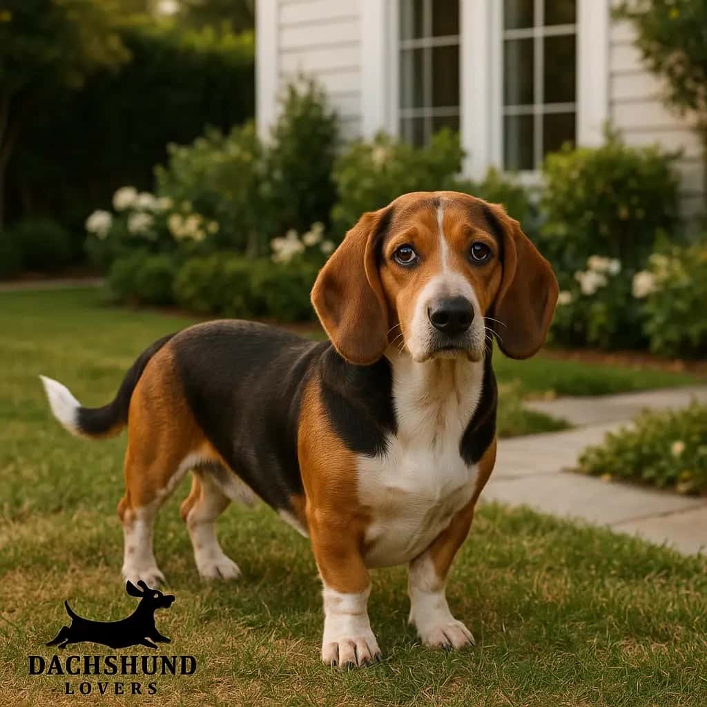 Realistic Beagle Basset Hound Dachshund mix standing in a Hamptons-style backyard