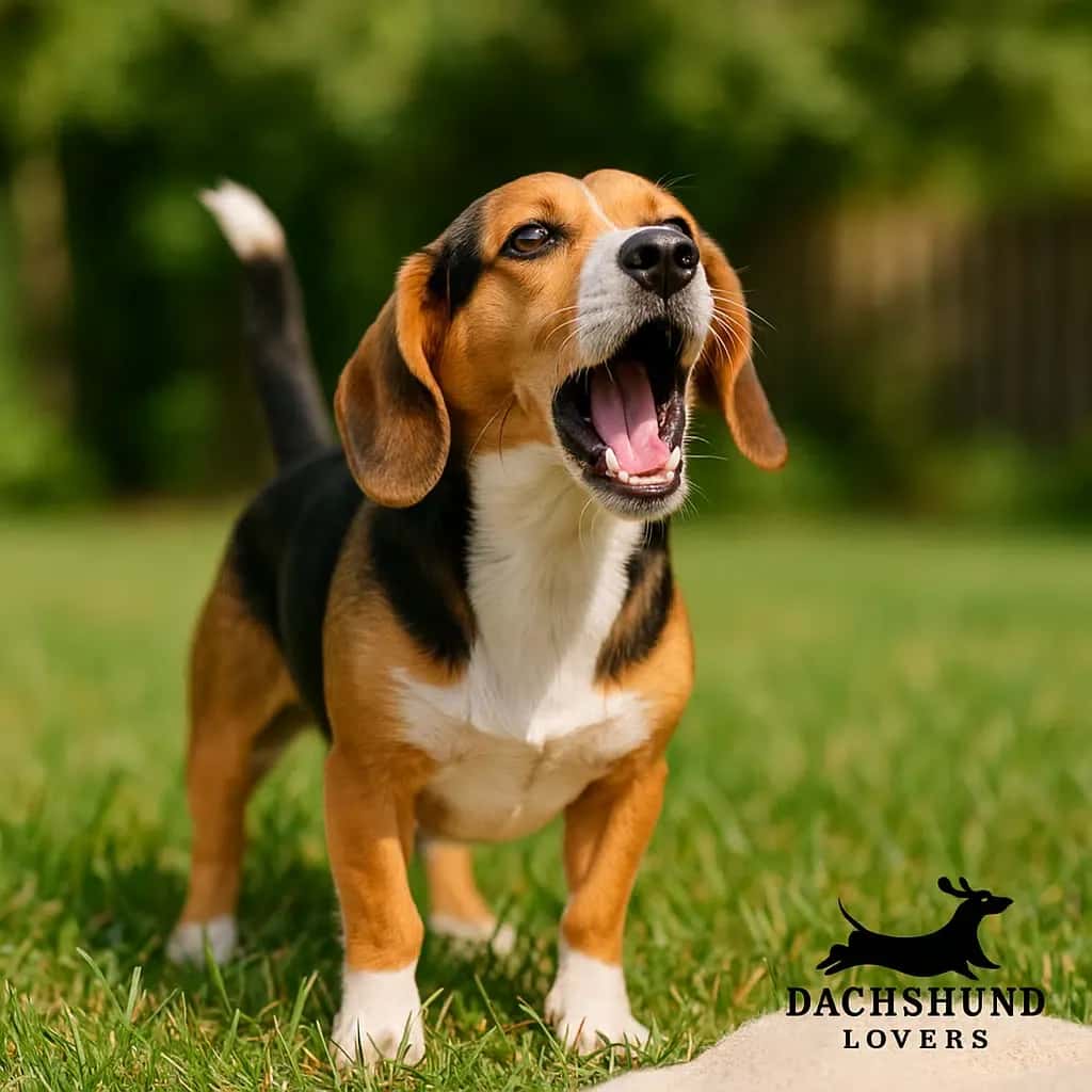 Beagle with open mouth stands on green grass, appearing to bark or howl. Bright sunny day