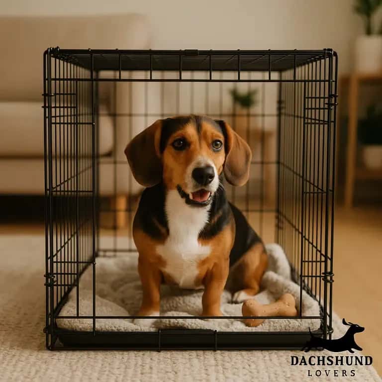 Beagle dog sitting in a black wire crate, looking content. It sits on a soft blanket with a bone toy.