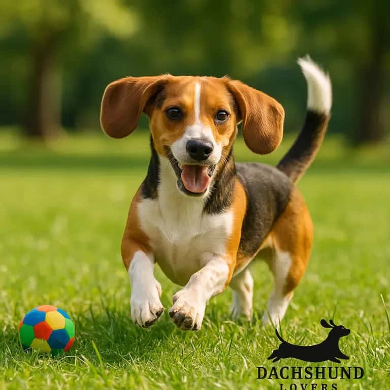 Beagle Dachshund Mix running playfully in a park with a ball, showing its energetic personality.