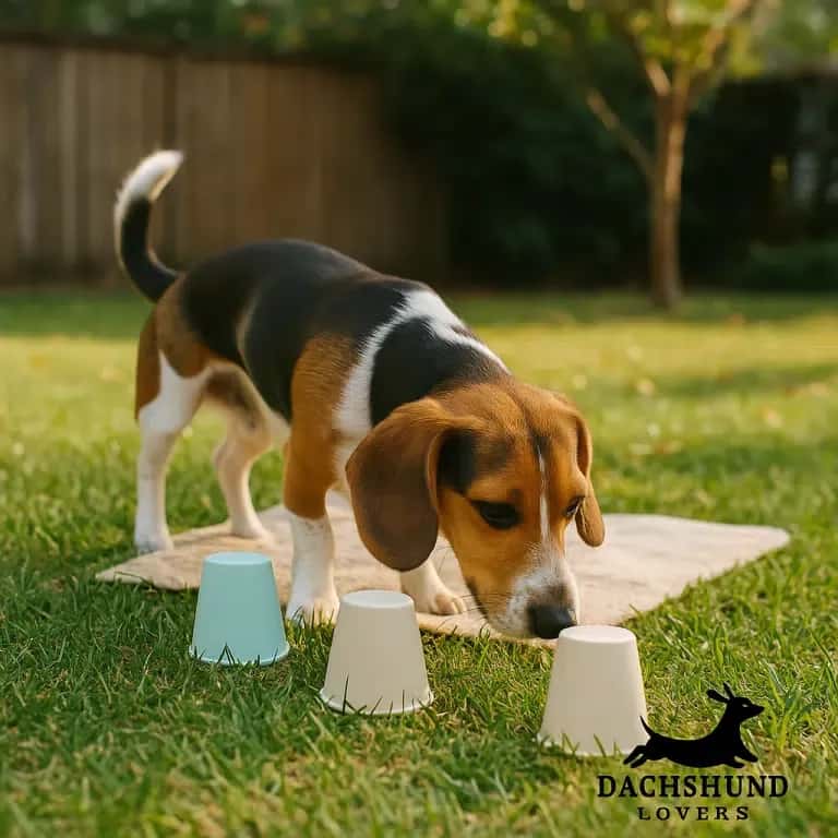 Beagle Dachshund mix playing scent training games in a sunny park, nose down sniffing the grass