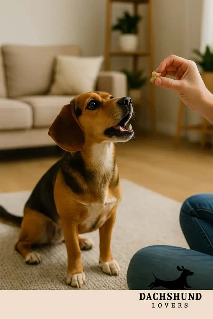 Beagle Dachshund Mix sitting indoors during a training session with a treat in front of it