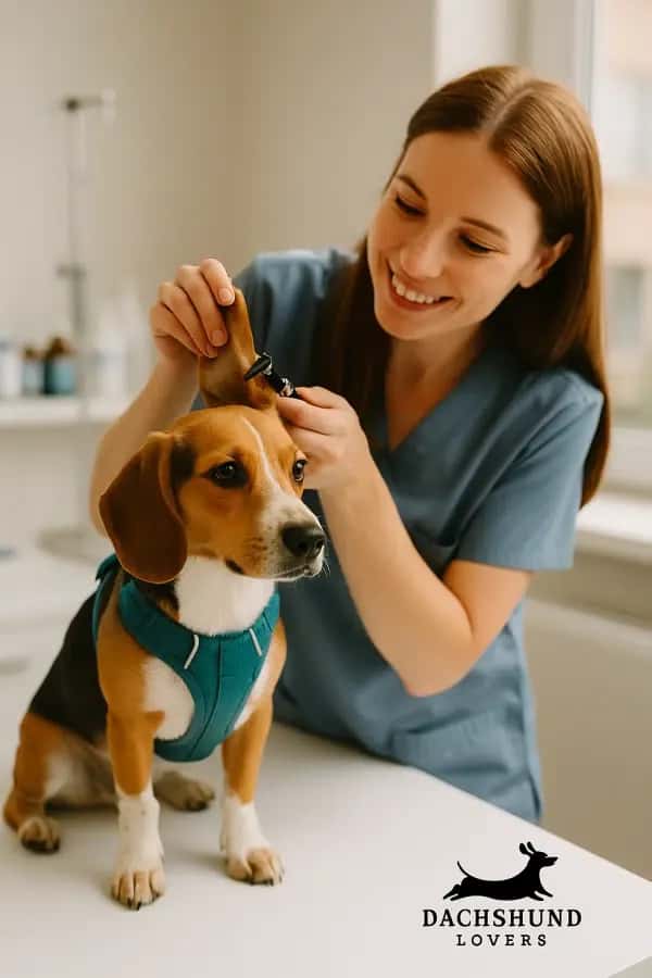Beagle-Dachshund mix sitting on a veterinary examination table  while a smiling vet checks its ear