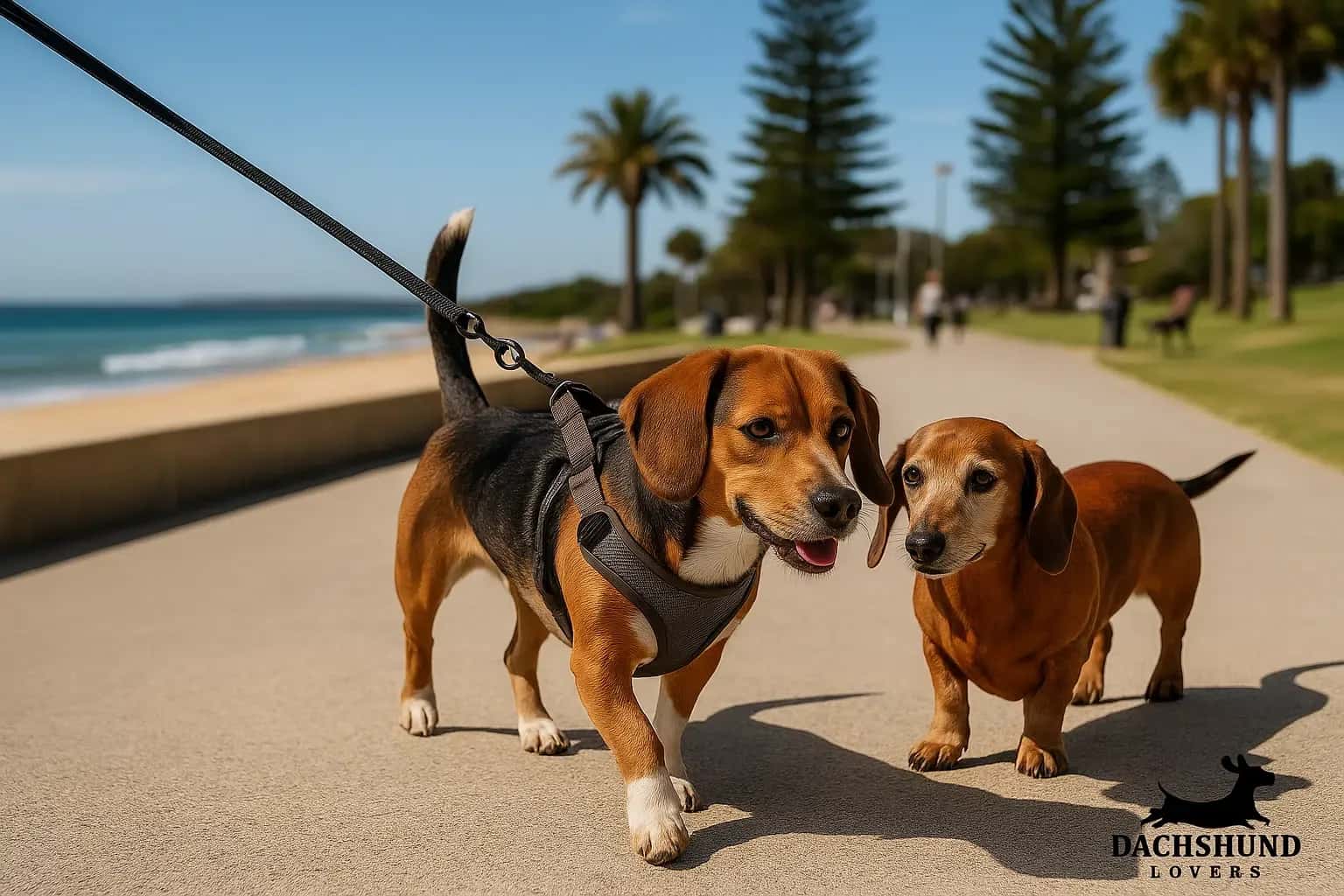 Two small dogs, a Beagle and a Dachshund, walk on a sunny beachside path lined with palm trees