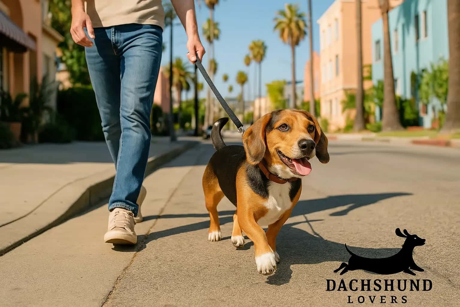 A Beagle Dachshund Mix walking on a leash with its owner on a sunny Los Angeles street lined 