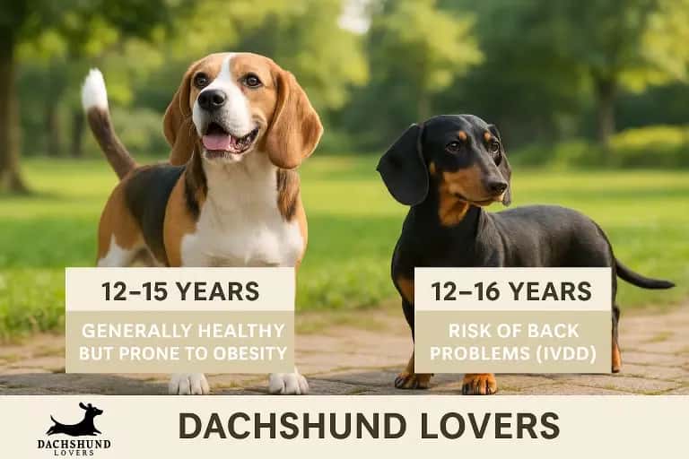 Beagle vs Dachshund health and lifespan comparison – Beagle generally healthy 