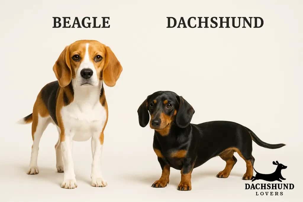 Full-grown Beagle Dachshund mix standing alert on green grass with tricolor coat and floppy ears.