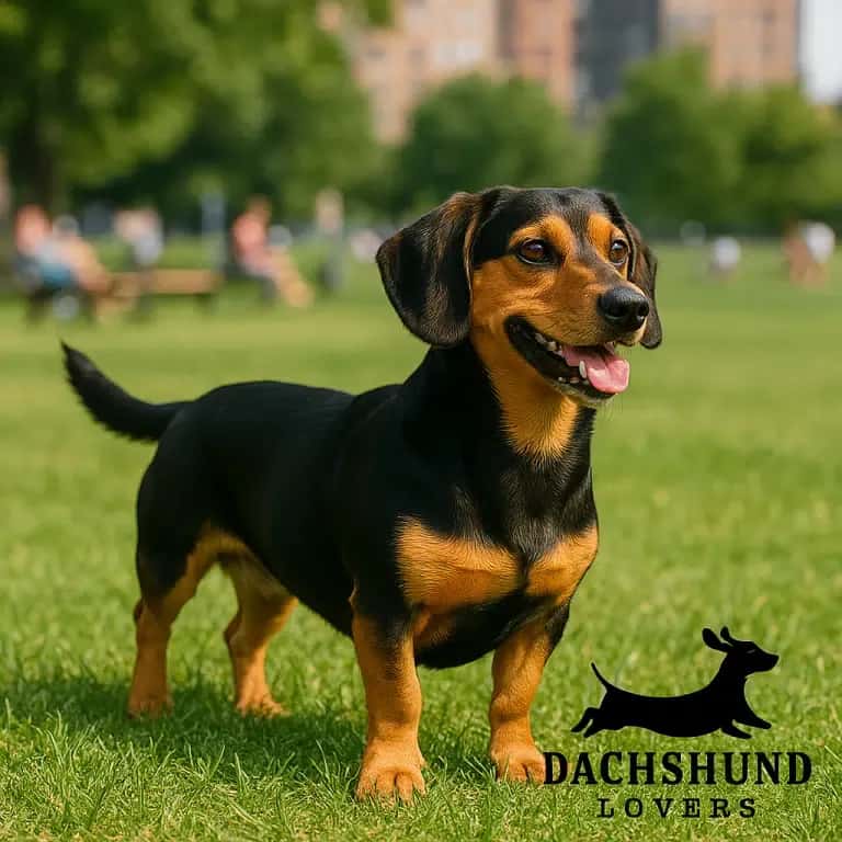 A Black and Tan Dachshund Beagle Mix standing alert in the grass at Buffalo Park, tail wagging