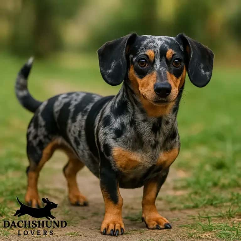 Side-by-side photo of a Blue Merle Chiweenie puppy and adult, showing mottled gray, black