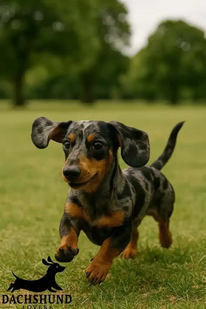 Blue merle dachshund running happily through a lush park, showcasing its rare dappled coat