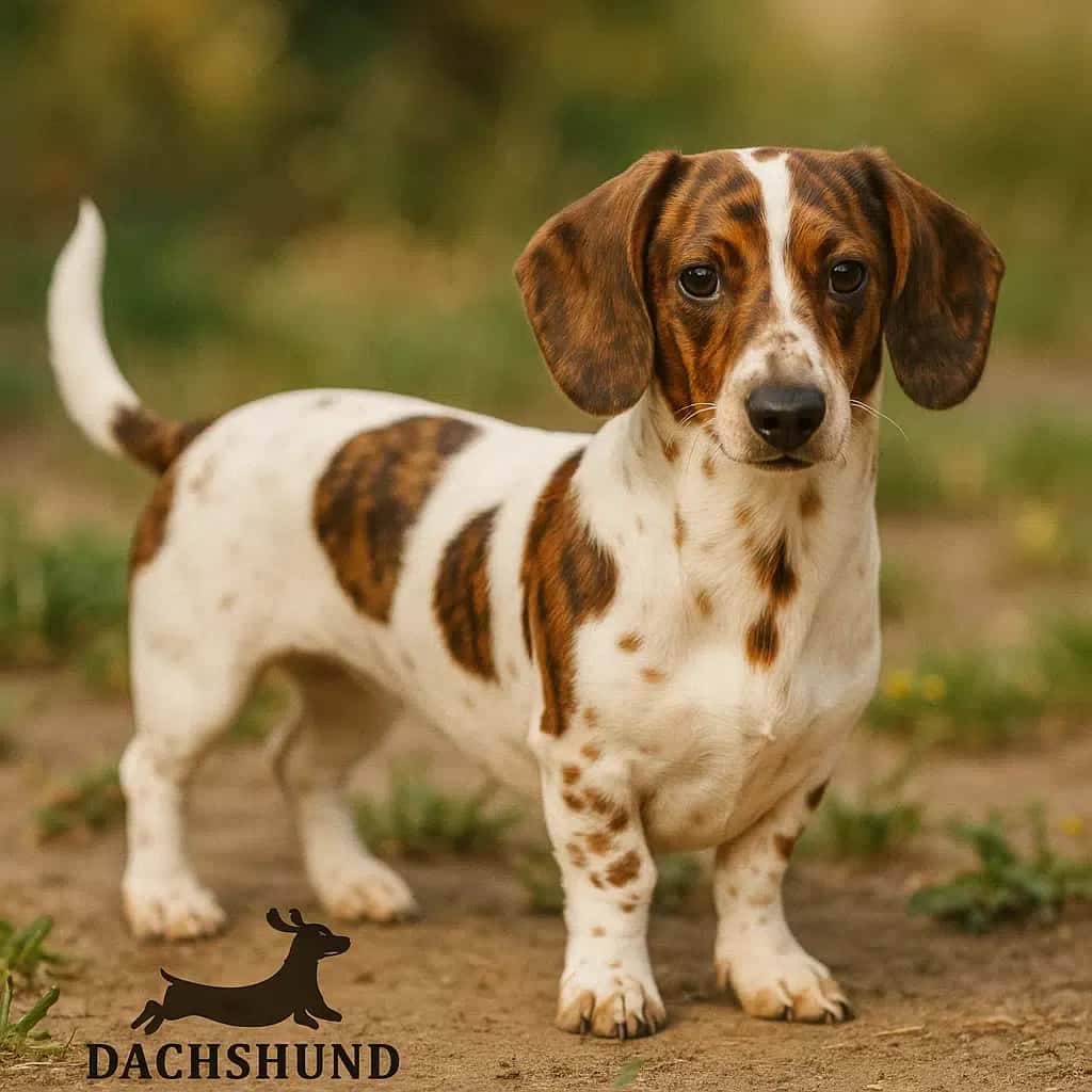 Brindle piebald dachshund standing outdoors on a dirt path, showcasing unique coat pattern