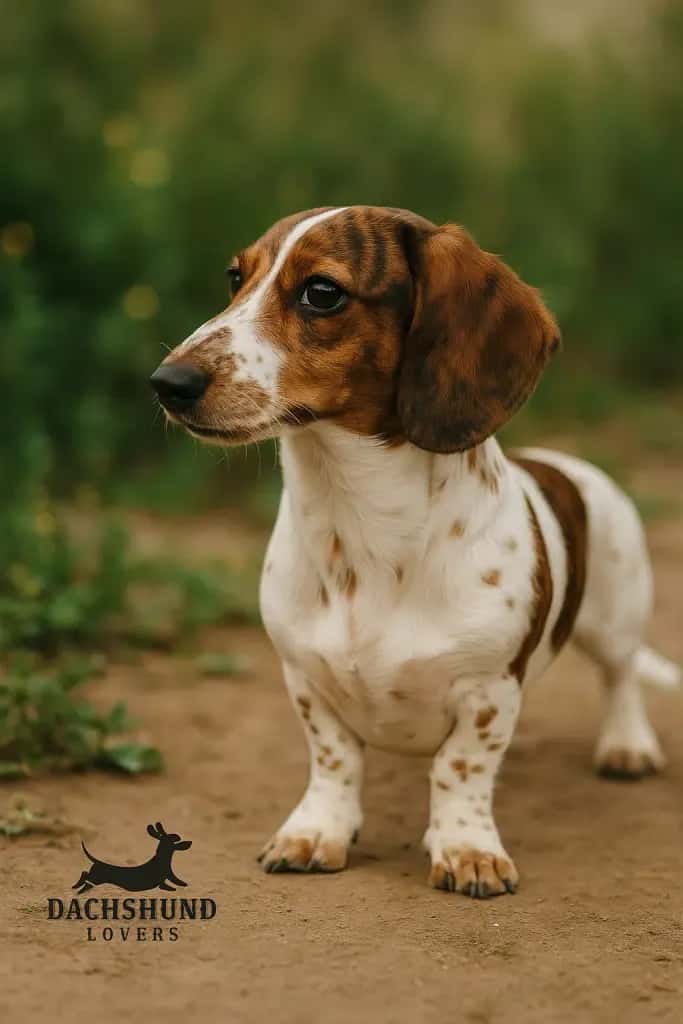 Side profile of a brindle piebald dachshund with soft coat and expressive eyes