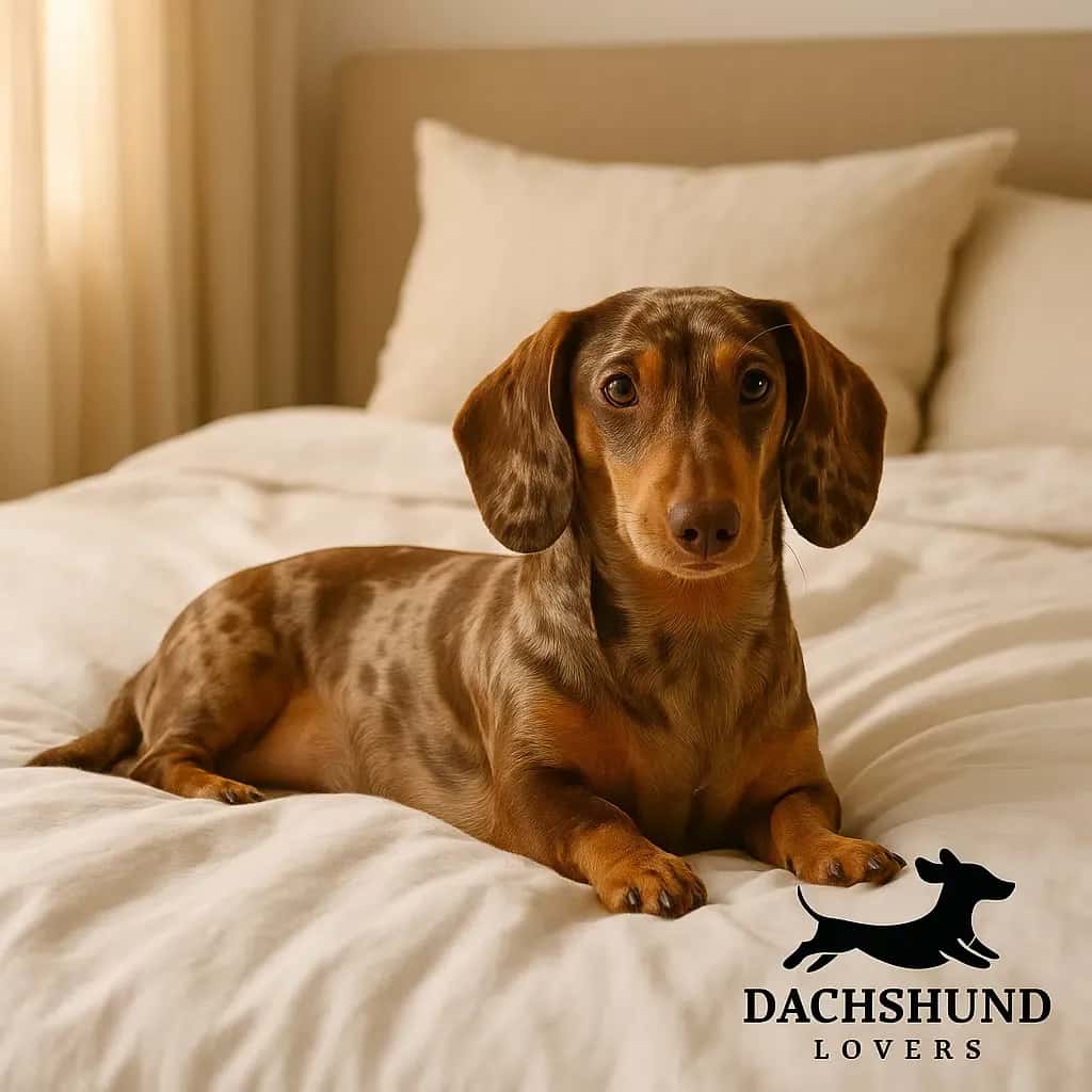 A brown dapple Dachshund lies on a soft white bed, with the Dachshund Lovers logo