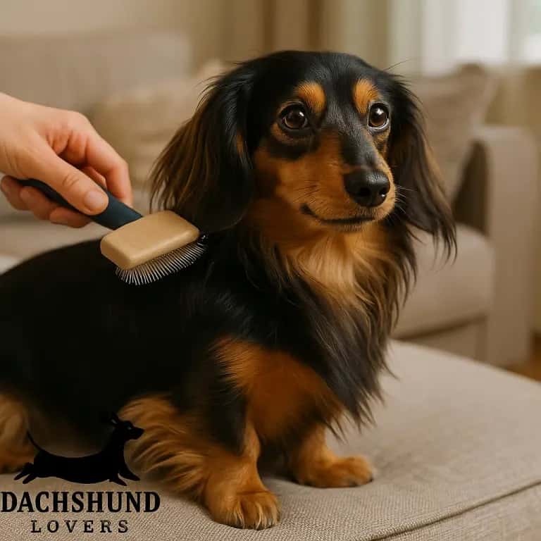 Person brushing a haired Chiweenie indoors with a slicker brush, showing proper grooming care.