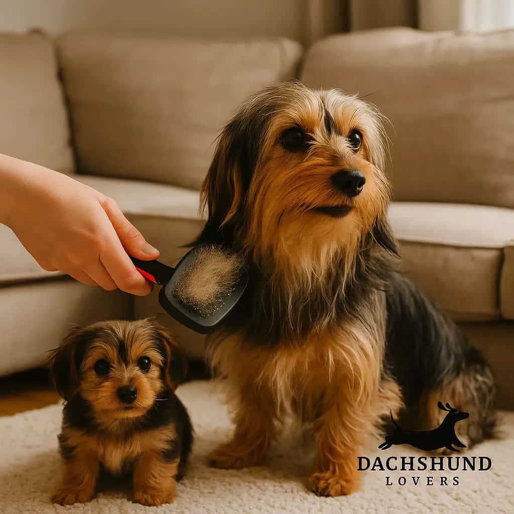 Long-haired Dorkie being gently brushed at home in Blackpool, showing silky fur care 
