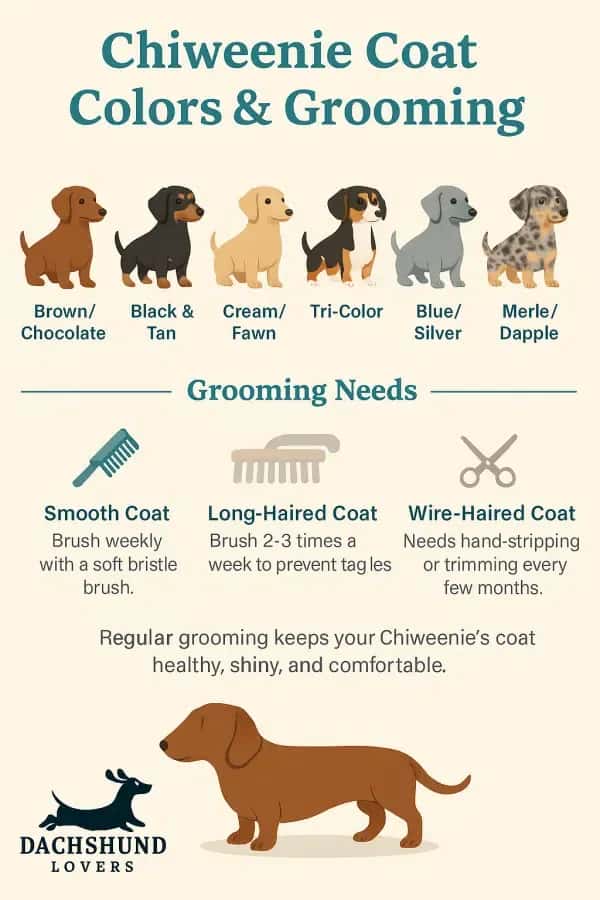 Infographic Chiweenie coat colors (brown, black and tan, cream, tri-color, blue, merle) 