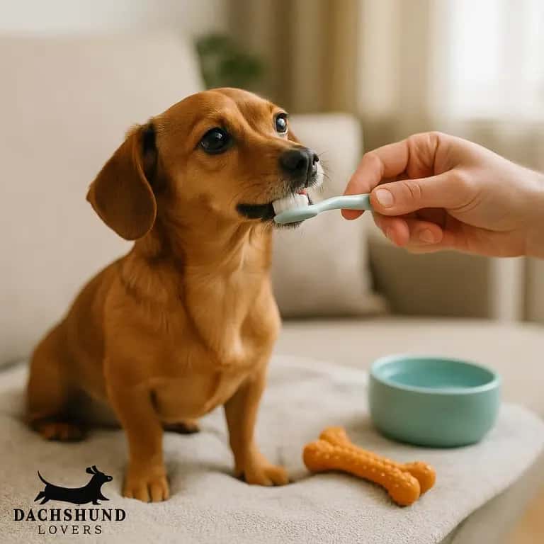 A small dachshund sits on a couch, being gently brushed with a toothbrush. Nearby, a dog bone toy