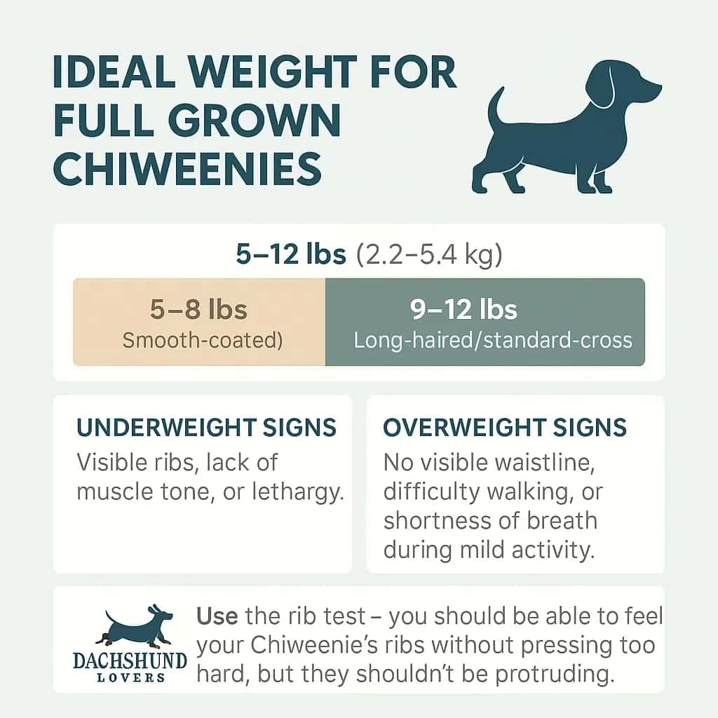 Infographic the ideal weight for full-grown Chiweenies (5–12 lbs), with underweight and overweight