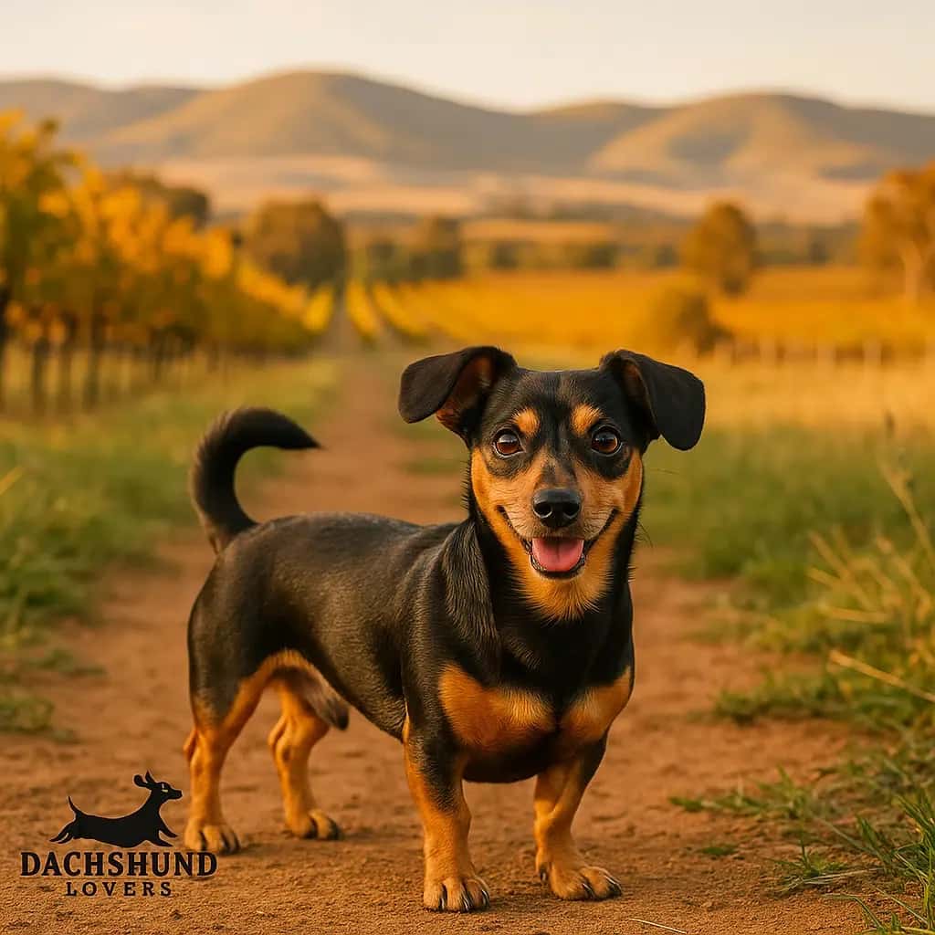 Chiweenie standing on a vineyard path in Mudgee, Australia, with rolling hills and grapevines
