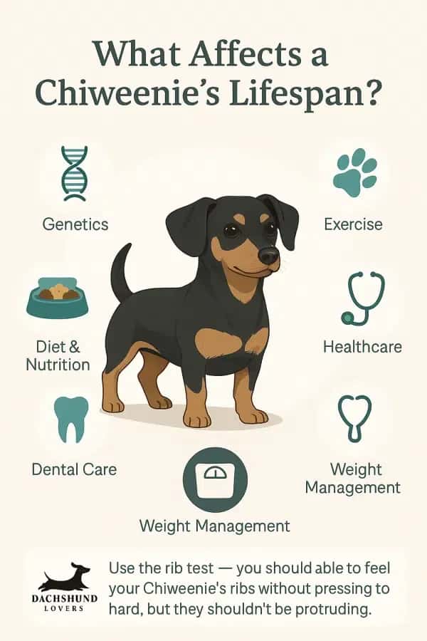 Infographic factors that affect a Chiweenie’s lifespan, including genetics, diet, exercise
