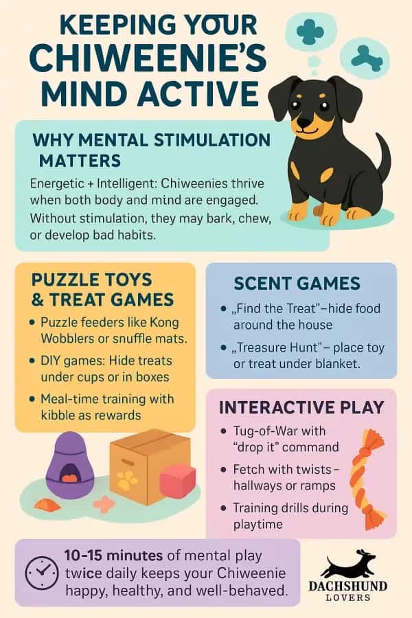 Infographic Mental stimulation for Chiweenies, including puzzle toys, scent games