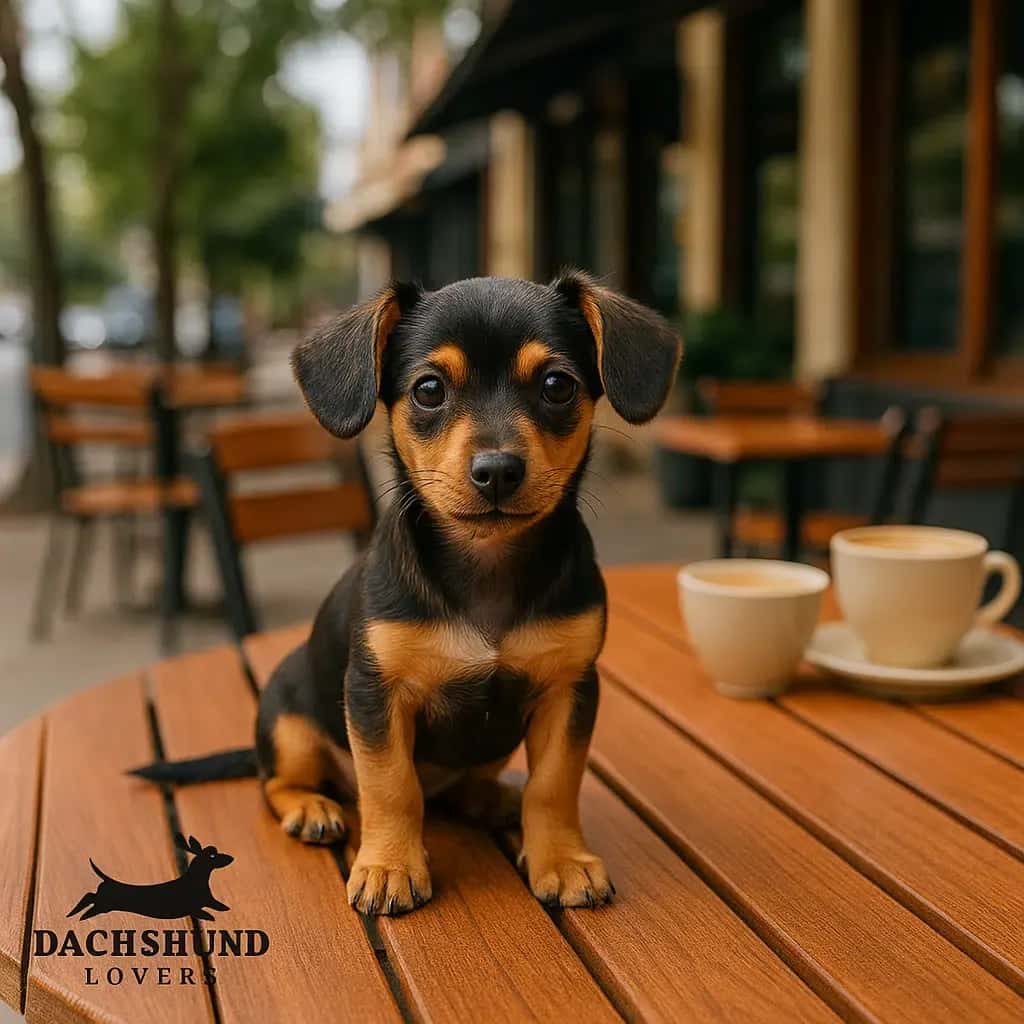 A small black and tan puppy sits on a wooden outdoor café table, surrounded by two cups of coffee.