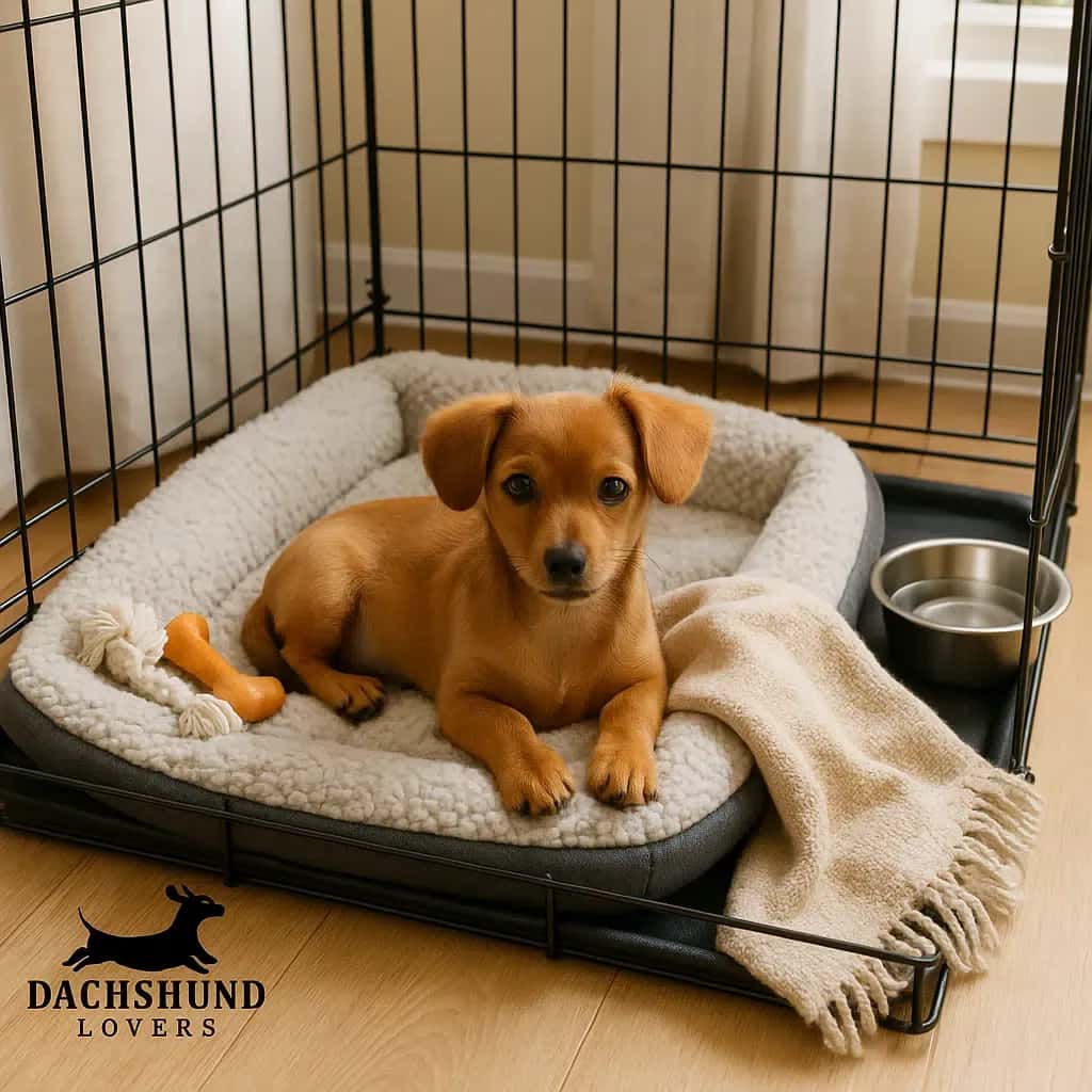 Chiweenie puppy resting in a crate with a cozy bed, blanket, toys, and water bowl