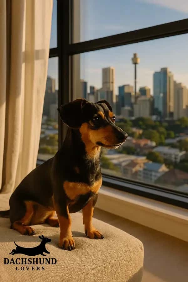 Chiweenie sitting by an apartment window in Redfern, Sydney, looking out at the Sydney skyline