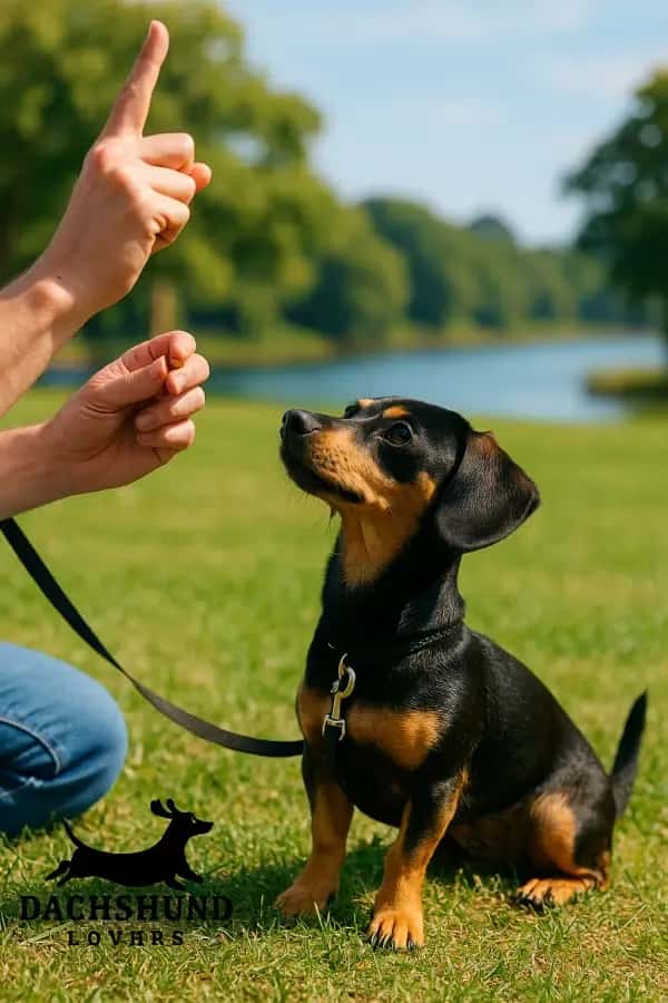 A small black and tan dachshund sits attentively on grass, looking up at a hand with a raised
