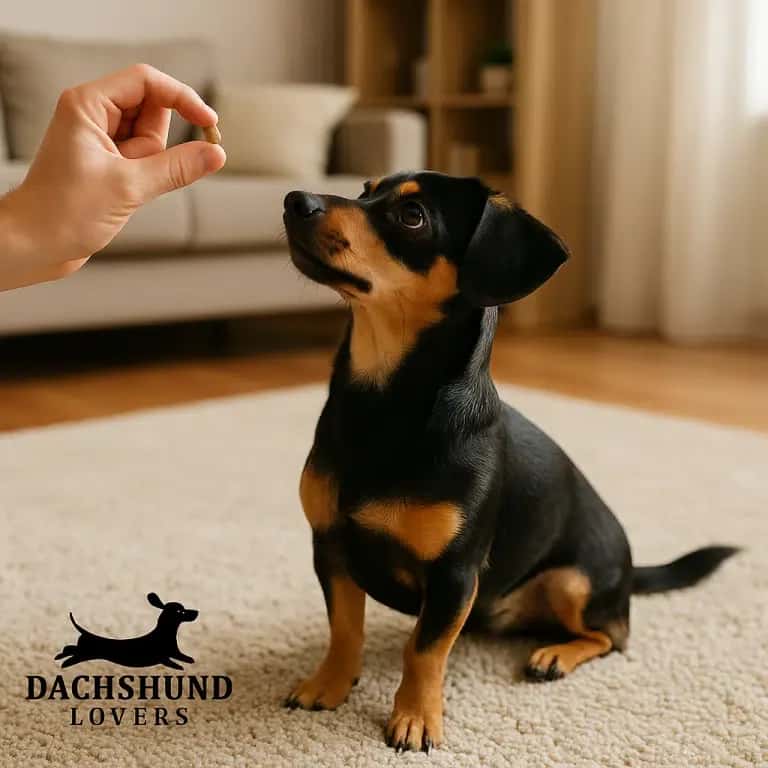 Chiweenie sitting on a rug indoors during a training , looking up at its owner holding a treat,