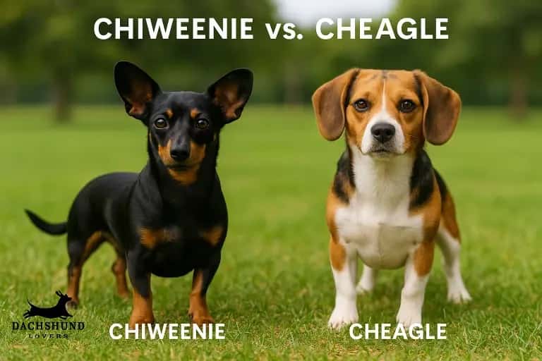 Two small dogs on grass: a black Chiweenie with large ears and a brown, white Cheagle.