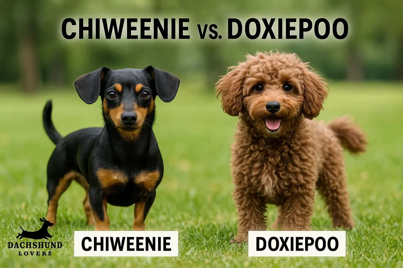 Side-by-side comparison of a Chiweenie with a smooth coat and a Doxiepoo with a curly coat