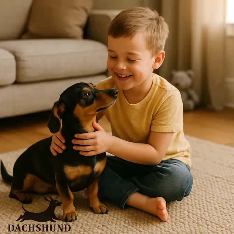A young boy in a yellow shirt sits on a rug, happily hugging a black and brown dachshund.