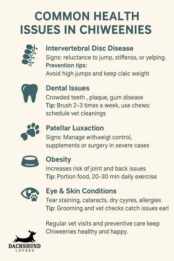 Infographic of common health considerations for long-haired Chiweenies, including IVDD