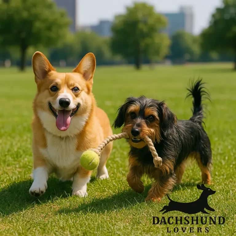 A Pembroke Welsh Corgi and a Dorkie playing together in a sunny park , with the Corgi holding 