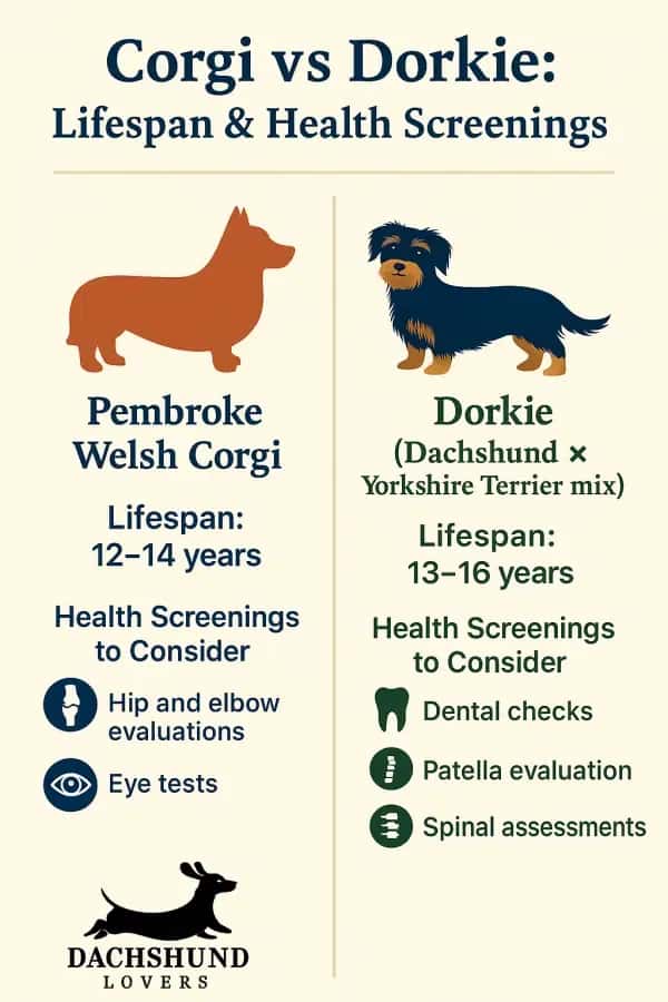 Comparison of Corgi vs Dorkie. Corgi lifespan: 12-14 years, screenings: hip, elbow, eye tests. 