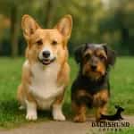 A Pembroke Welsh Corgi and a Dorkie standing side by side on grass in a park, 