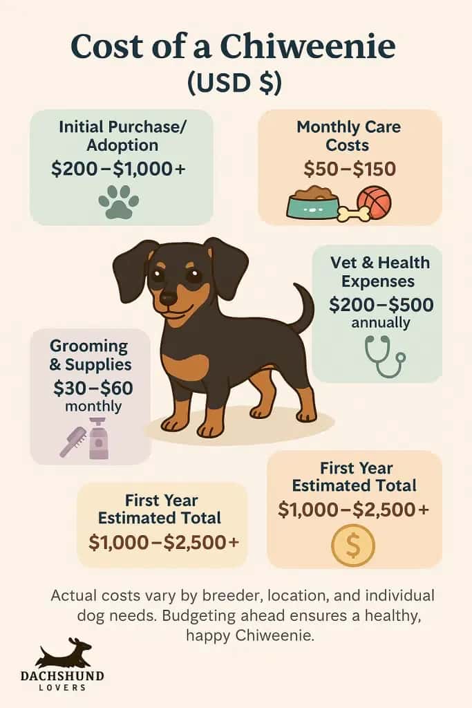 Infographic the cost of owning a Chiweenie in USD, including purchase, monthly care, vet expenses